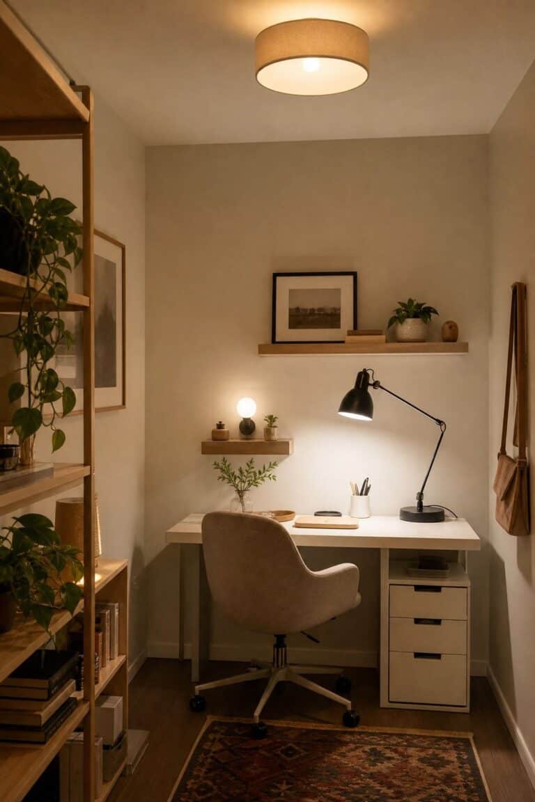 Use bright, layered lighting including overhead, task, and accent lights in a bright windowless small apartment office