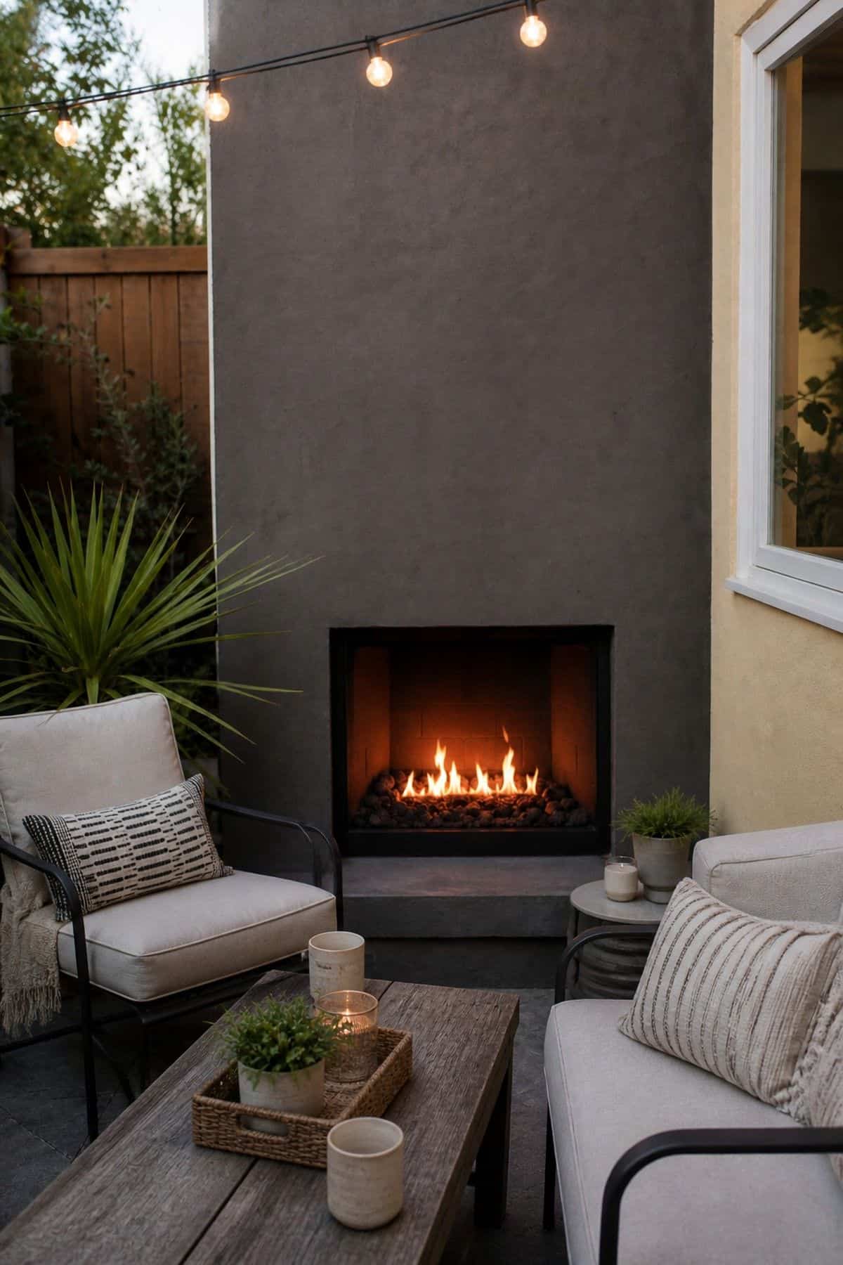 Outdoor fireplace patio decor with place a Rustic Wooden Coffee Table Nearby