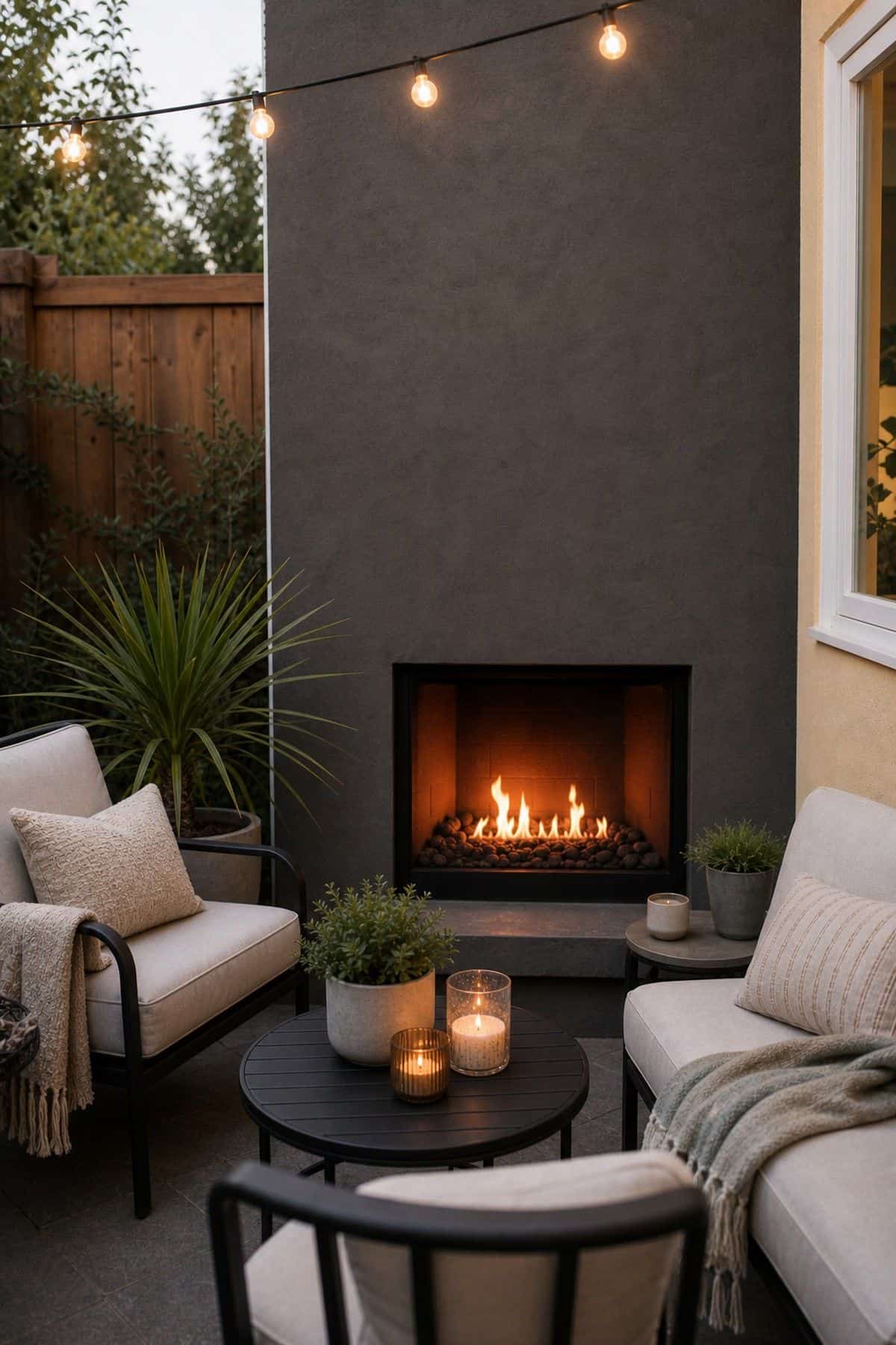 Outdoor fireplace patio decor with add Weather-Resistant Cushions and Throws for Coziness