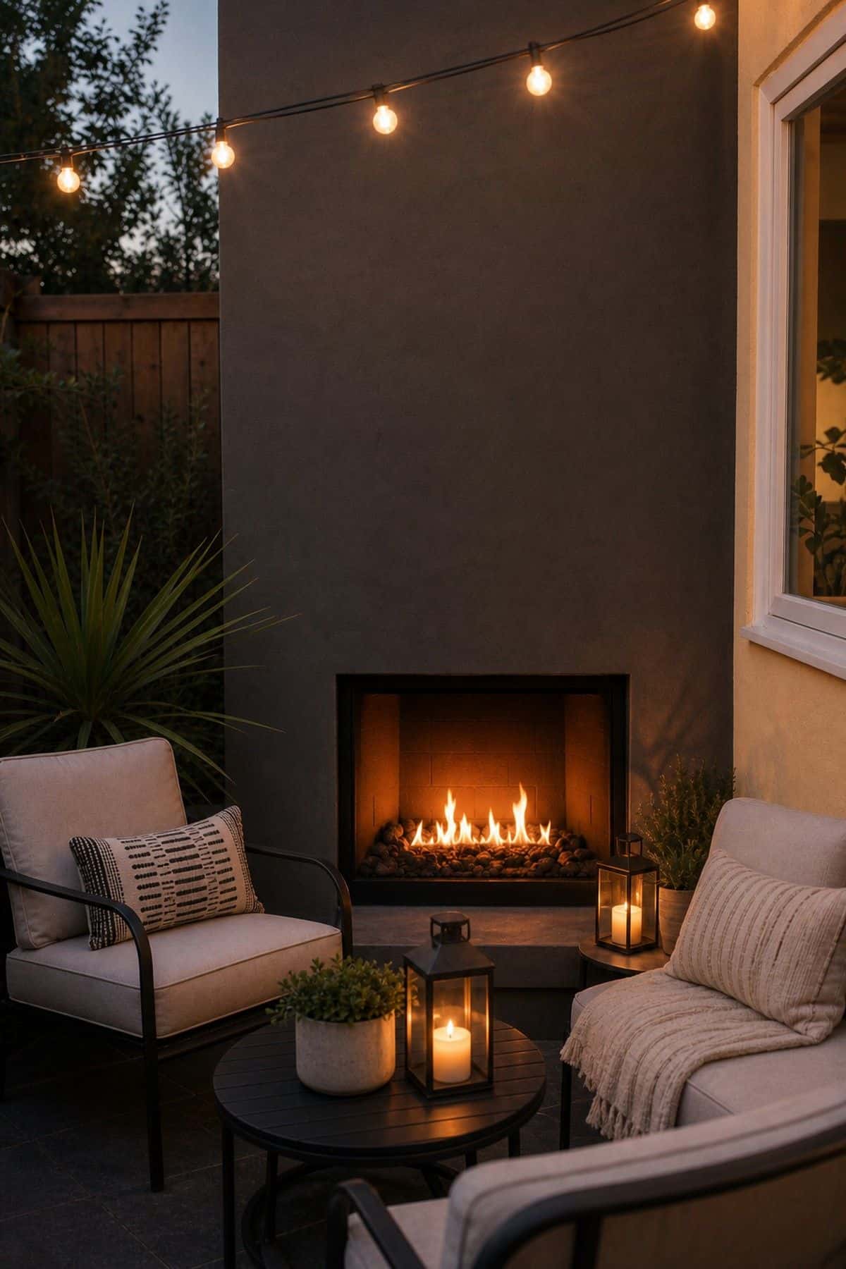 Outdoor fireplace patio decor with use Lanterns or String Lights to Create Soft Lighting