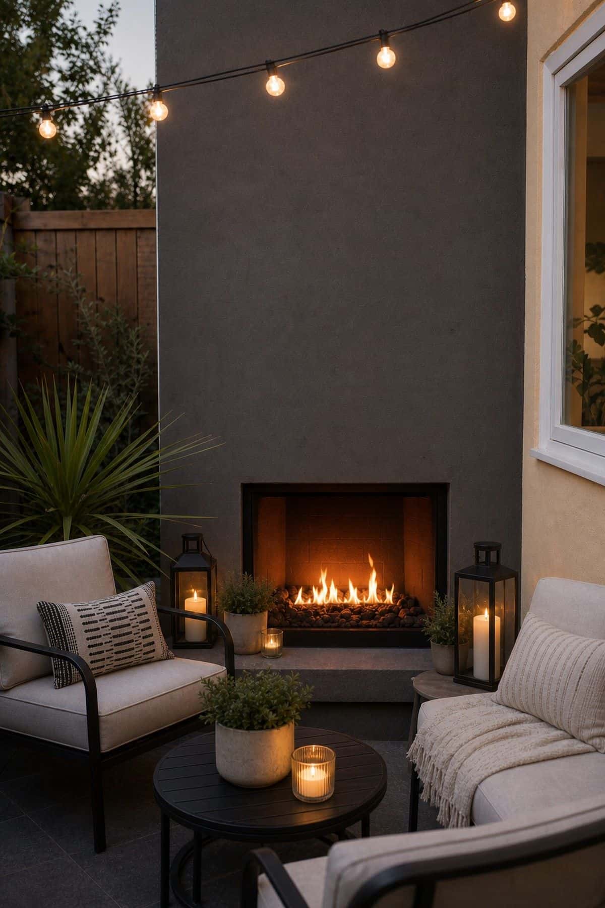 Outdoor fireplace patio decor with use Weatherproof Candles or LED Lanterns for Ambiance