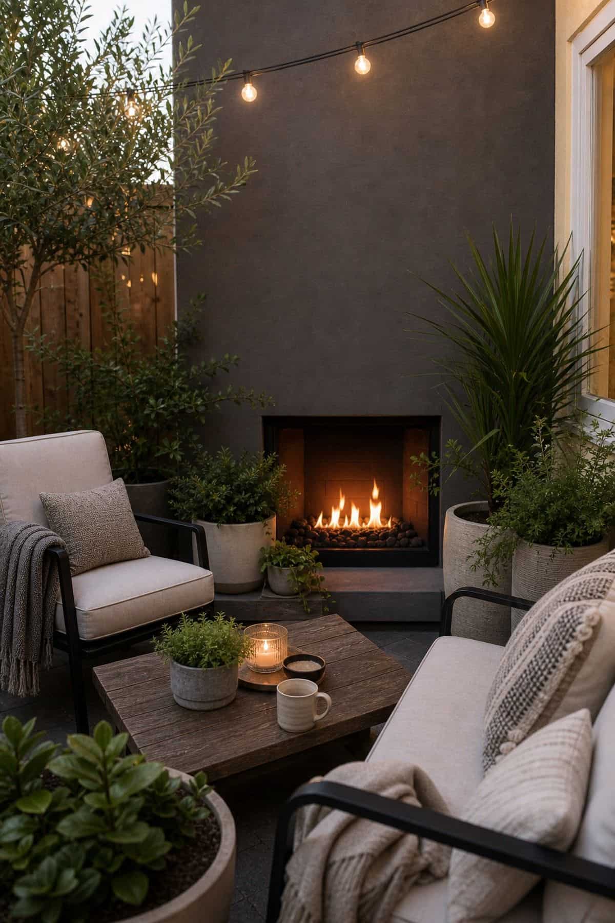 Outdoor fireplace patio decor with incorporate Large Potted Plants or Greenery Around the Area