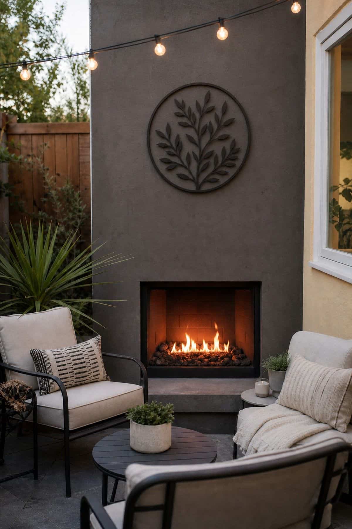 Outdoor fireplace patio decor with hang Outdoor Artwork or Metal Wall Decor Above the Fireplace