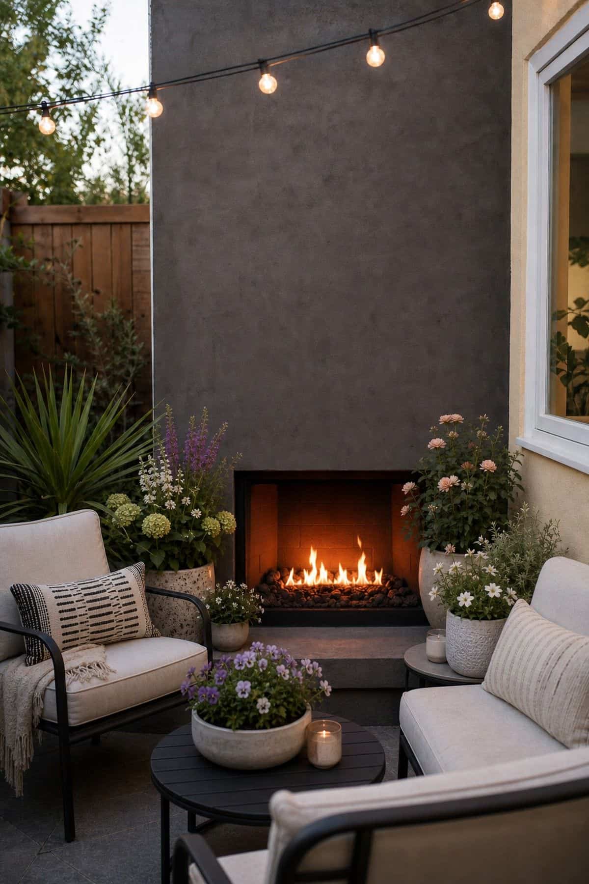Outdoor fireplace patio decor with use Ceramic or Stone Planters with Seasonal Flowers