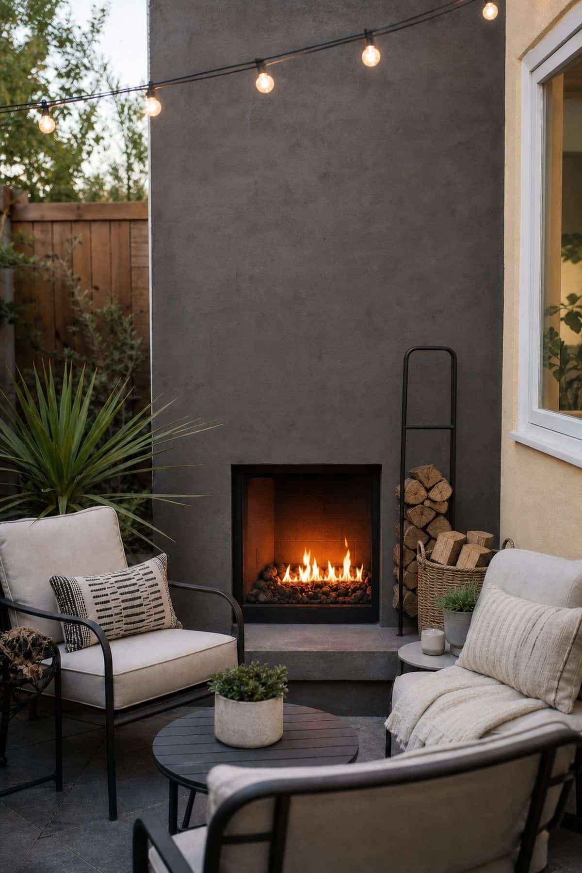 Outdoor fireplace patio decor with add Decorative Firewood Storage Baskets or Racks