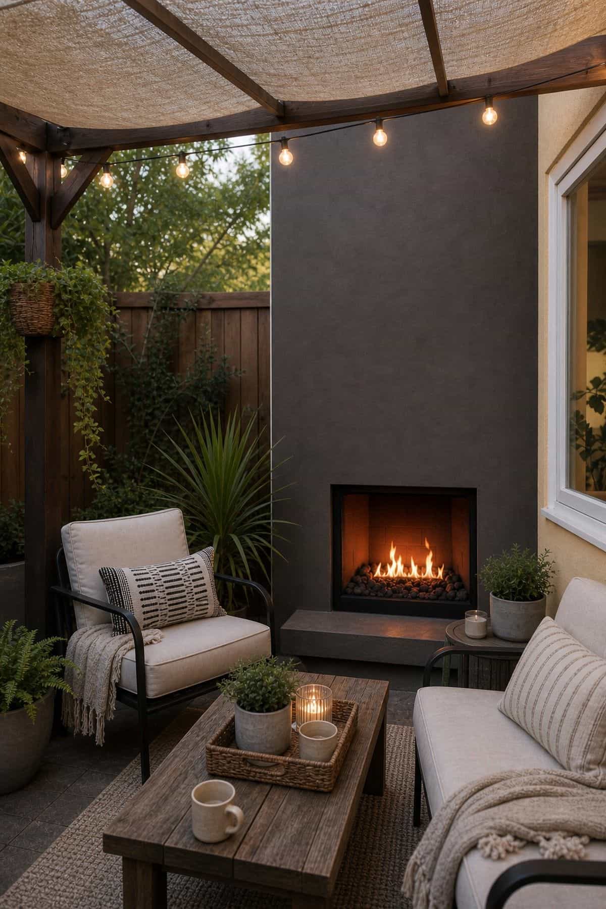 Outdoor fireplace patio decor with install a Pergola or Canopy for Shade and Style
