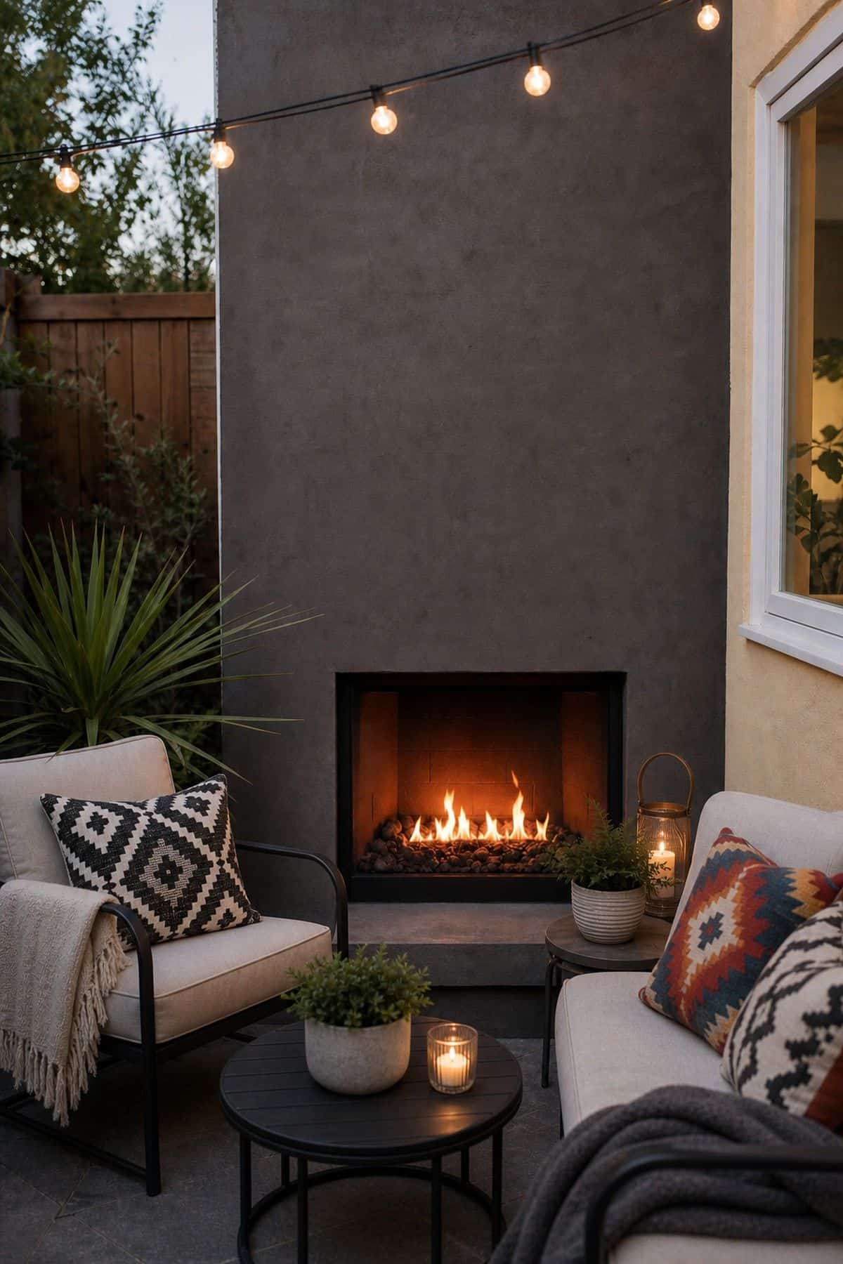 Outdoor fireplace patio decor with incorporate Decorative Outdoor Pillows with Bold Patterns
