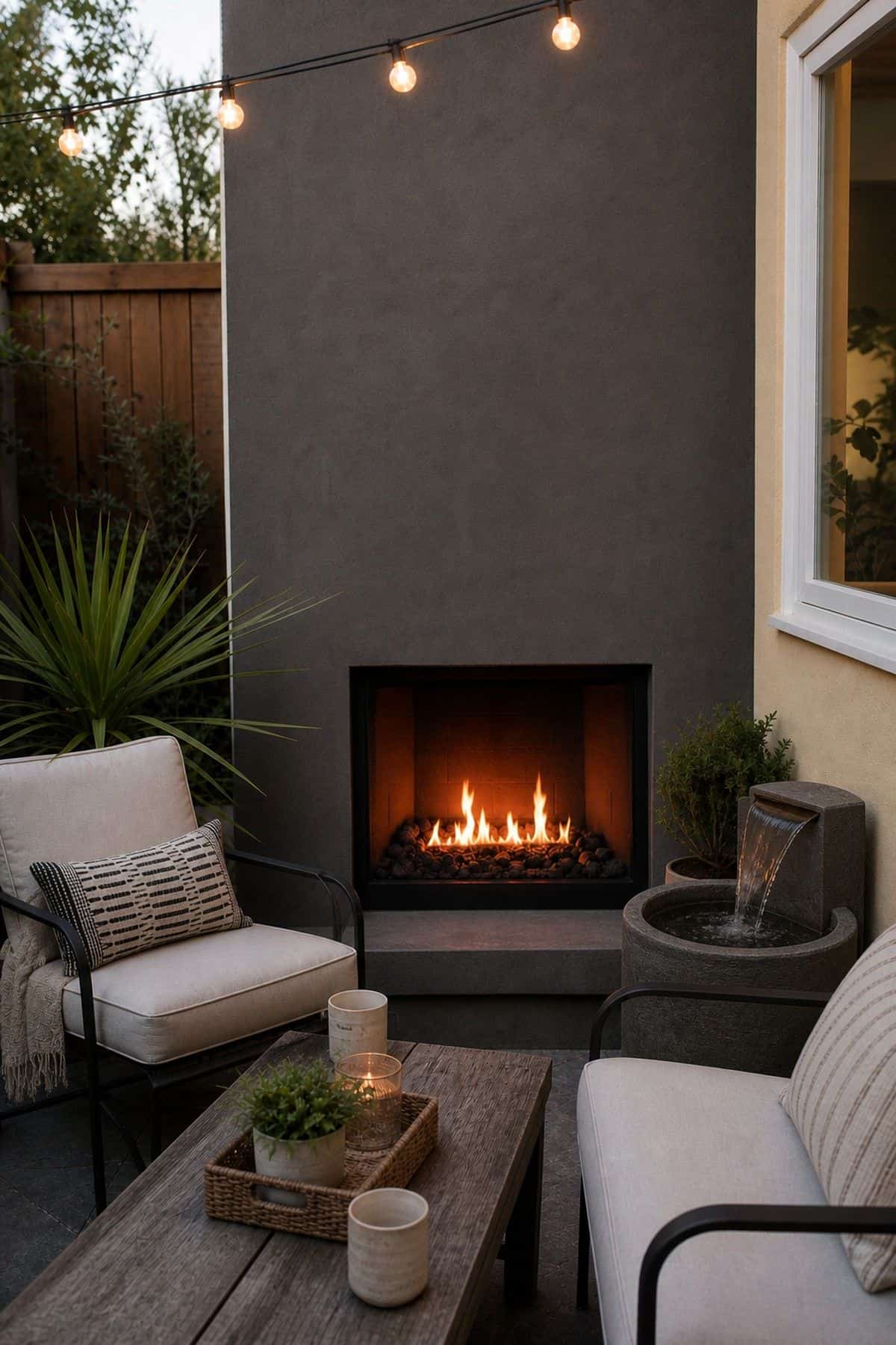 Outdoor fireplace patio decor with add a Small Water Feature Nearby for Soothing Sounds