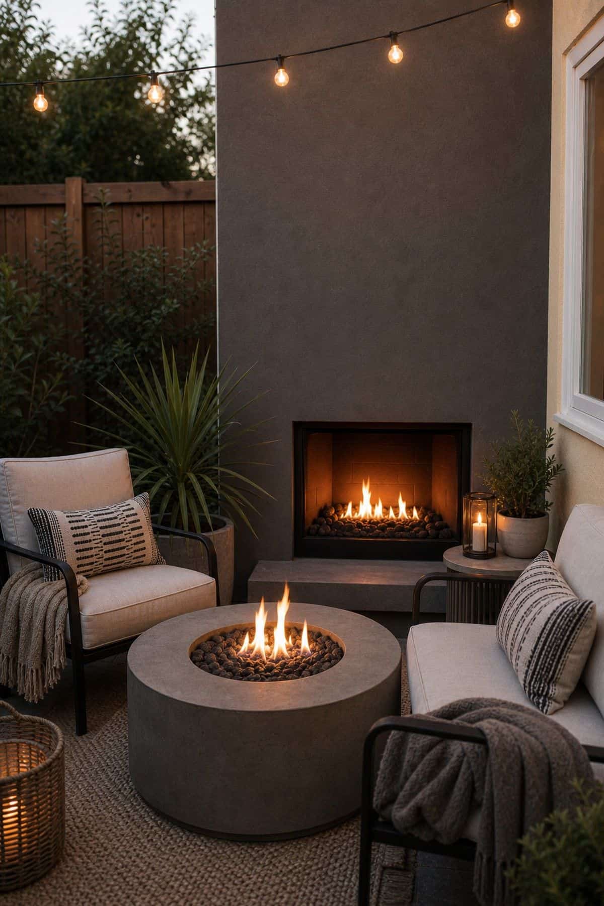 Outdoor fireplace patio decor with place a Stylish Fire Pit Table as a Secondary Heat Source
