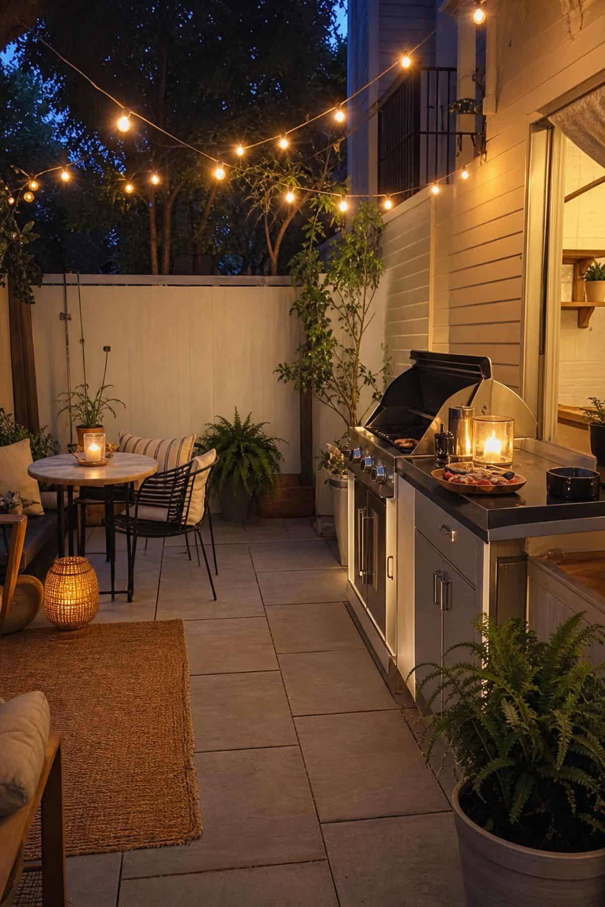 Outdoor kitchen patio decor idea with add String Lights or Lanterns for Warm, Ambient Lighting