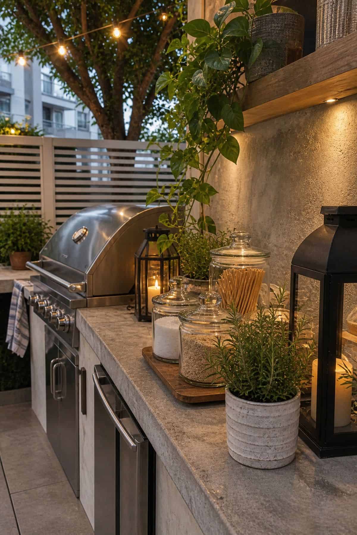 Outdoor kitchen patio decor idea with display Decorative Jars or Lanterns on Countertops