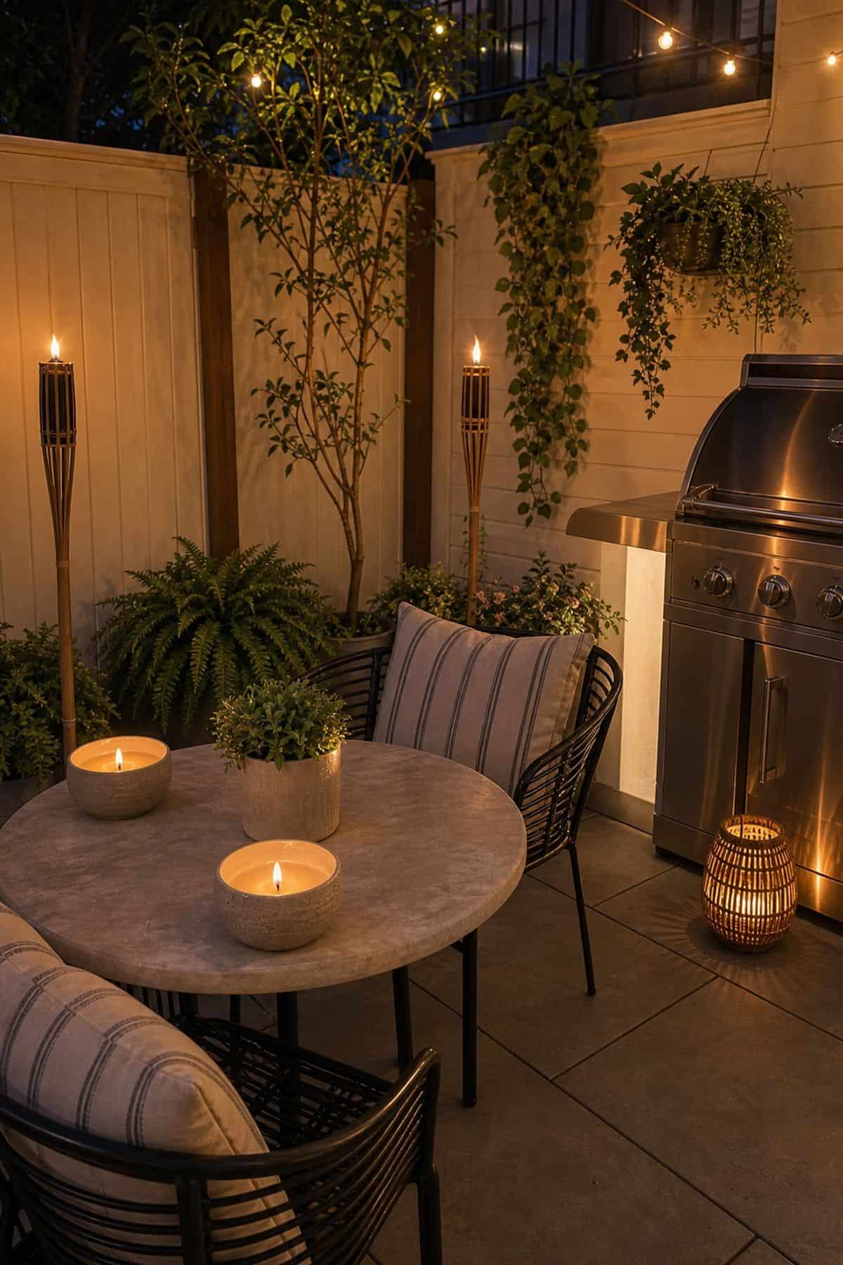Outdoor kitchen patio decor idea with incorporate Citronella Candles or Tiki Torches to Repel Insects