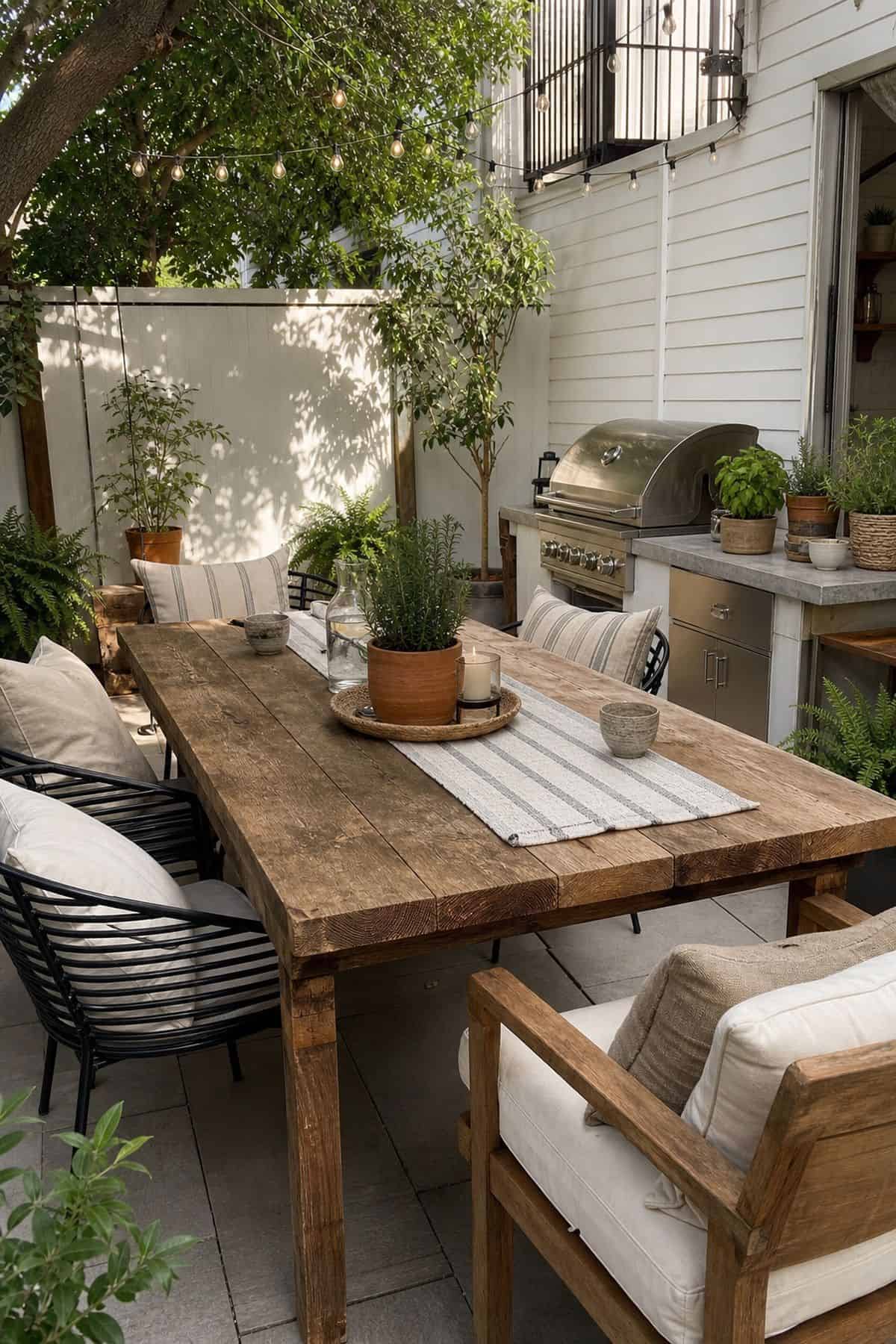 Outdoor kitchen patio decor idea with incorporate a Rustic Wooden Dining Table with Comfortable Chairs