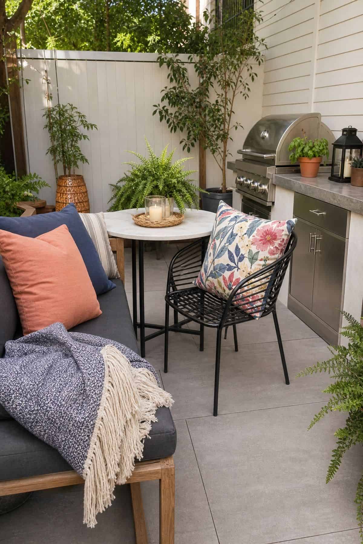 Outdoor kitchen patio decor idea with place Colorful Outdoor Cushions and Throws for Comfort