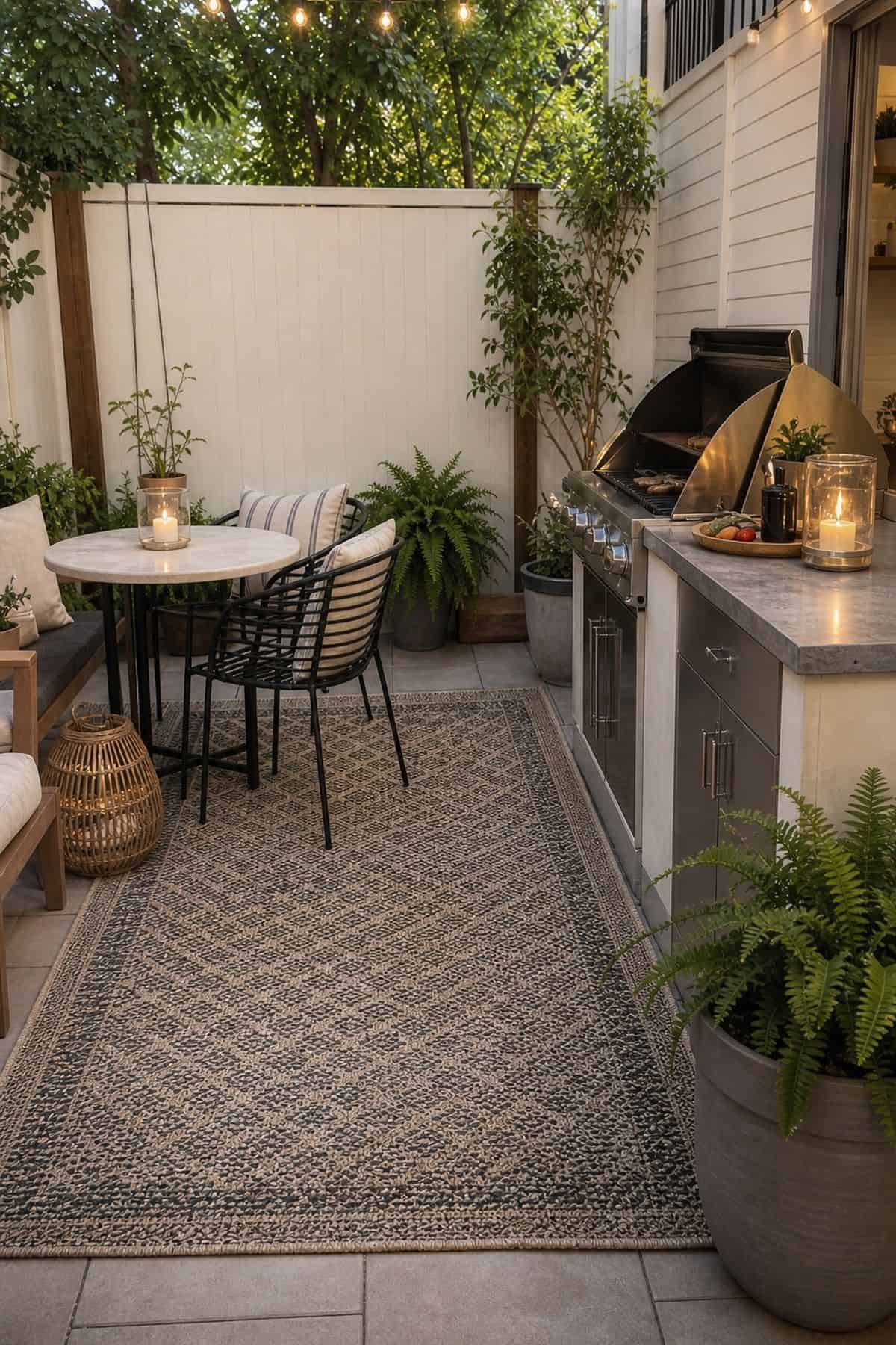 Outdoor kitchen patio decor idea with use Weather-Resistant Rugs to Define the Space