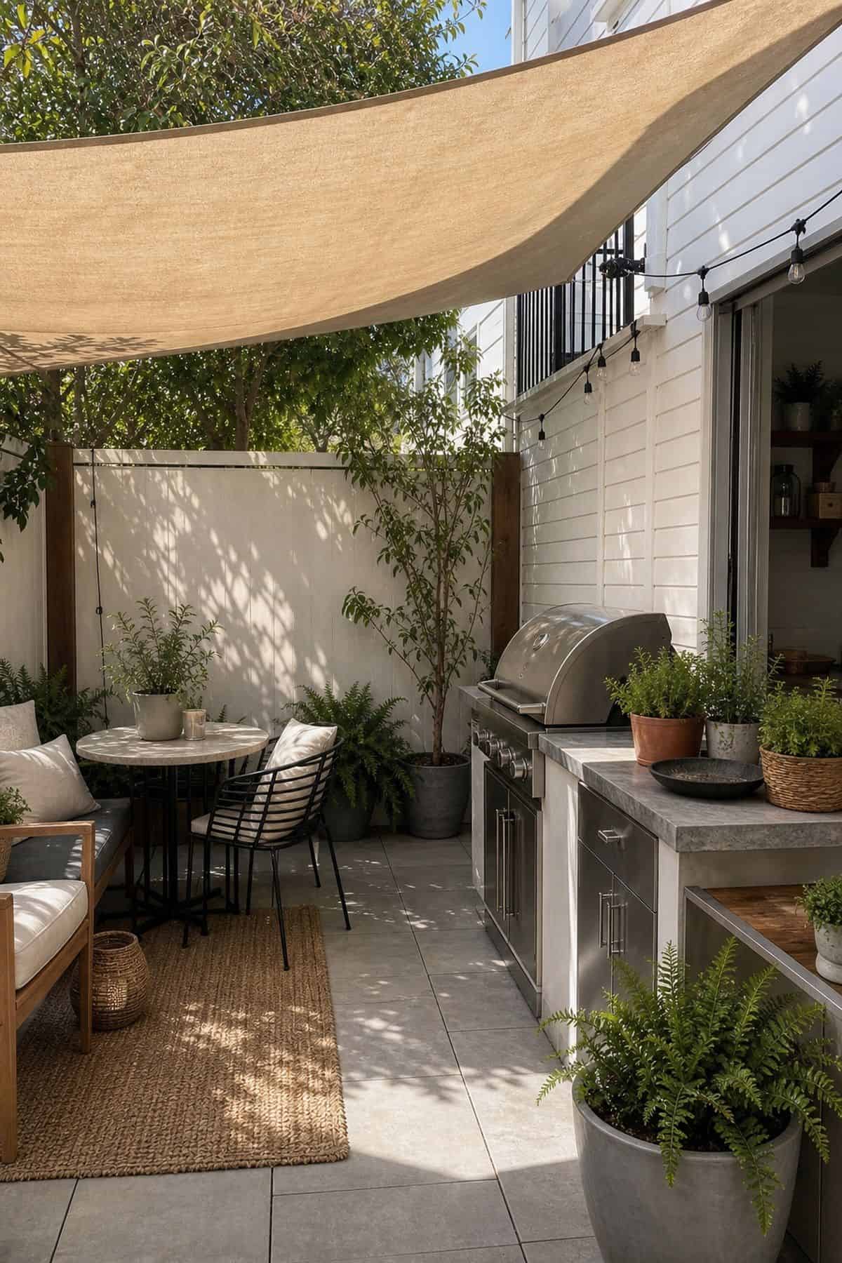 Outdoor kitchen patio decor idea with install a Pergola or Shade Sail for Sun Protection