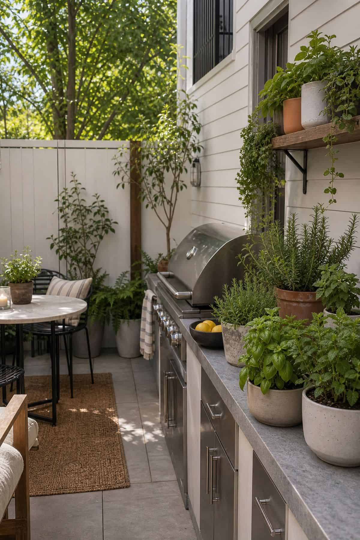 Outdoor kitchen patio decor idea with use Potted Plants and Herbs for Greenery and Freshness