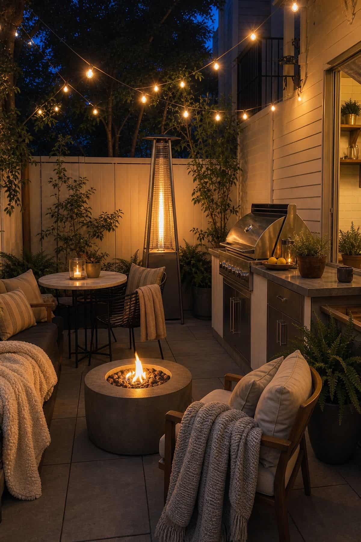 Outdoor kitchen patio decor idea with add a Fire Pit or Outdoor Heater for Cooler Evenings