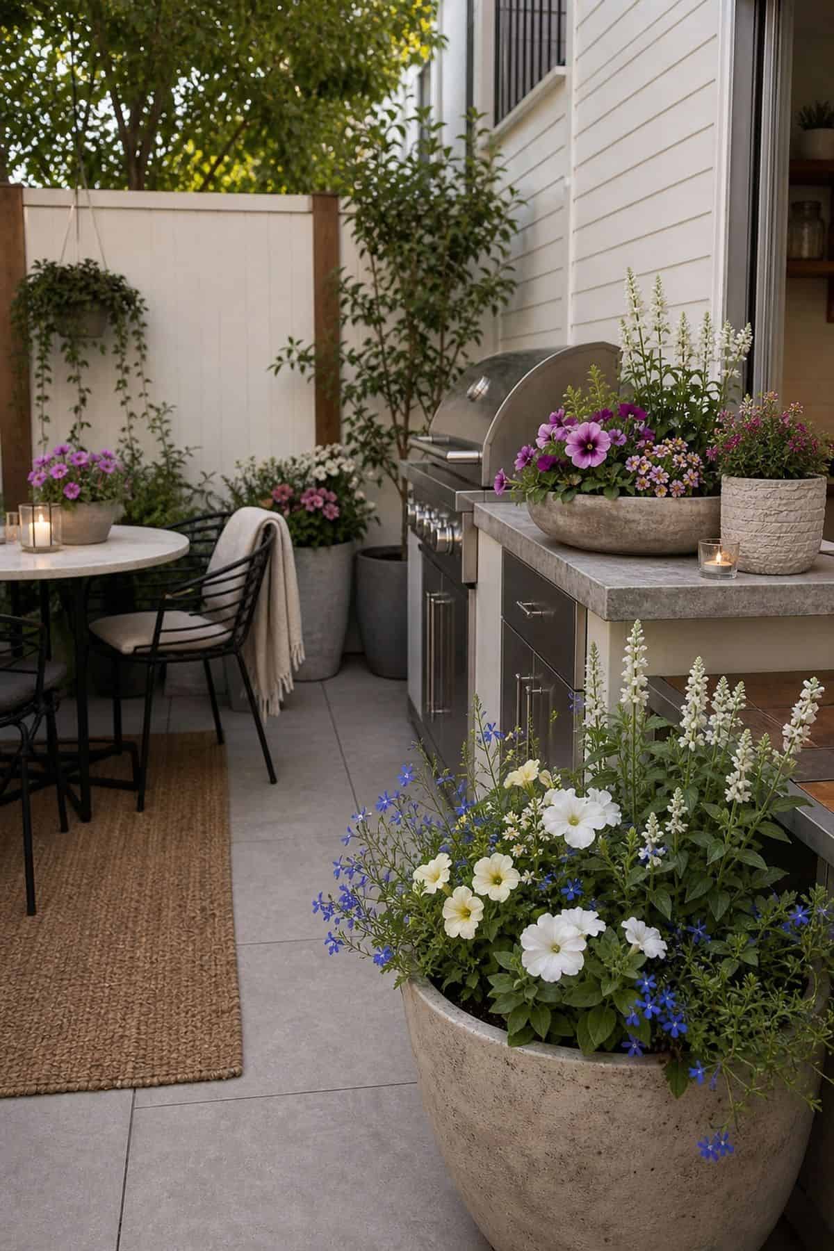 Outdoor kitchen patio decor idea with use Ceramic or Stone Planters with Seasonal Flowers