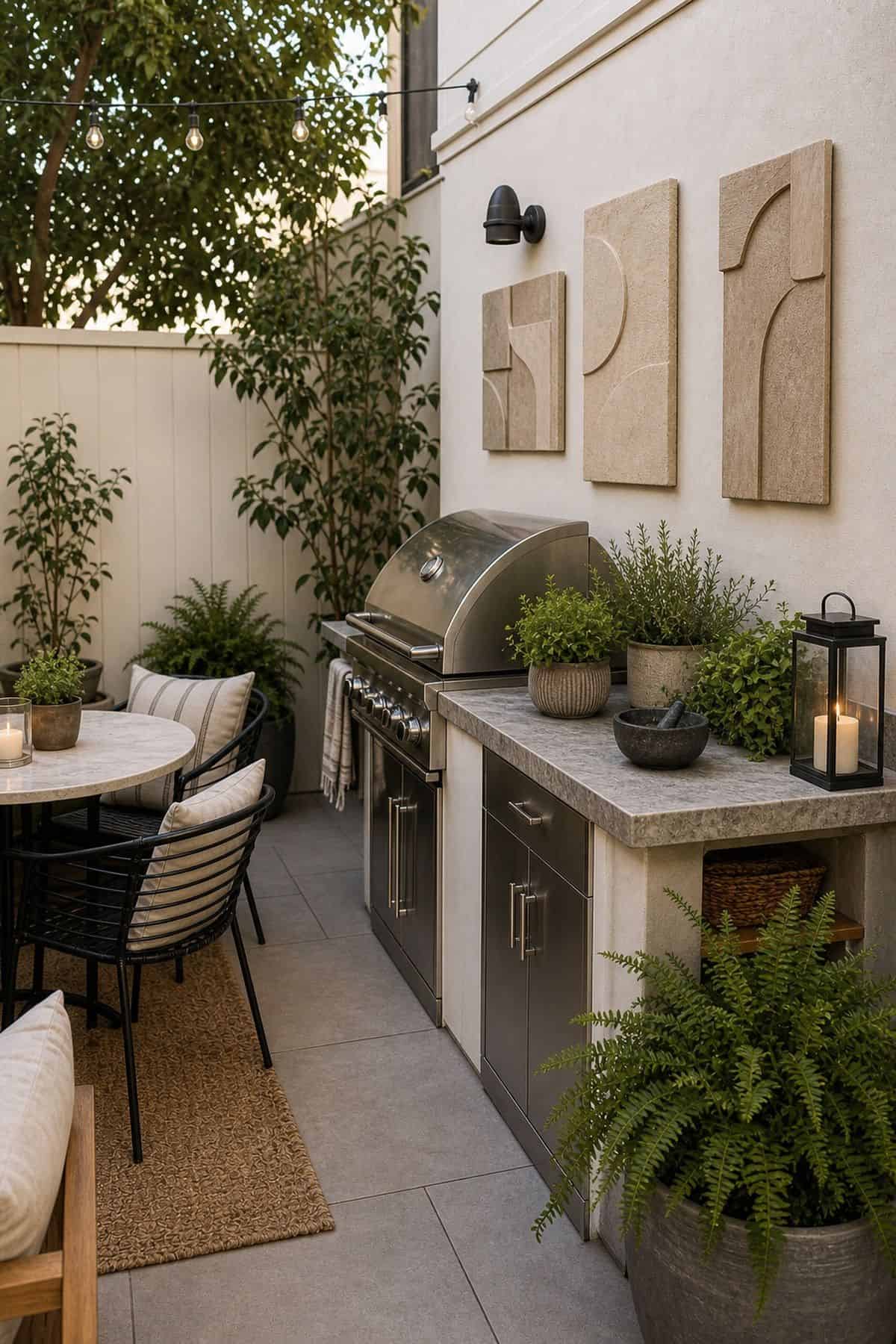 Outdoor kitchen patio decor idea with hang Outdoor Artwork or Weatherproof Signs on Nearby Walls