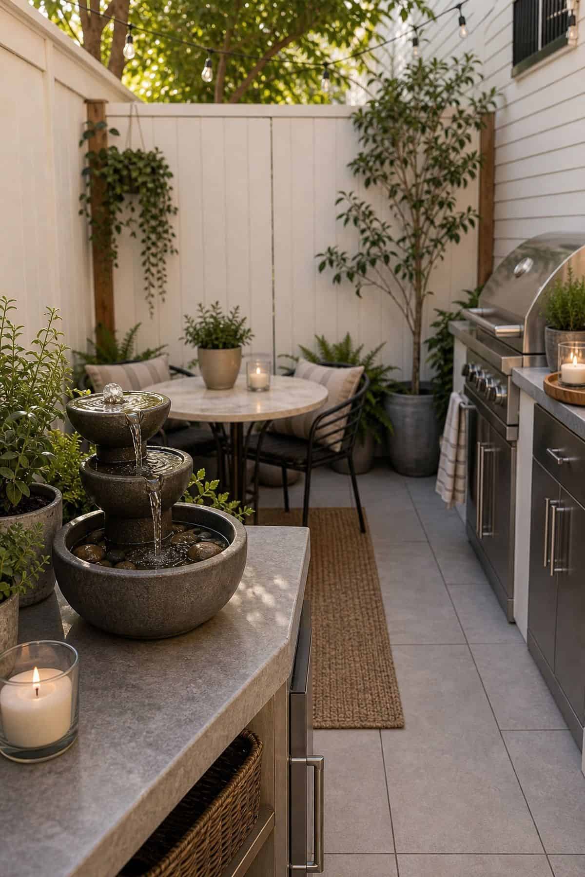 Outdoor kitchen patio decor idea with add a Water Feature Like a Small Fountain for Soothing Sounds