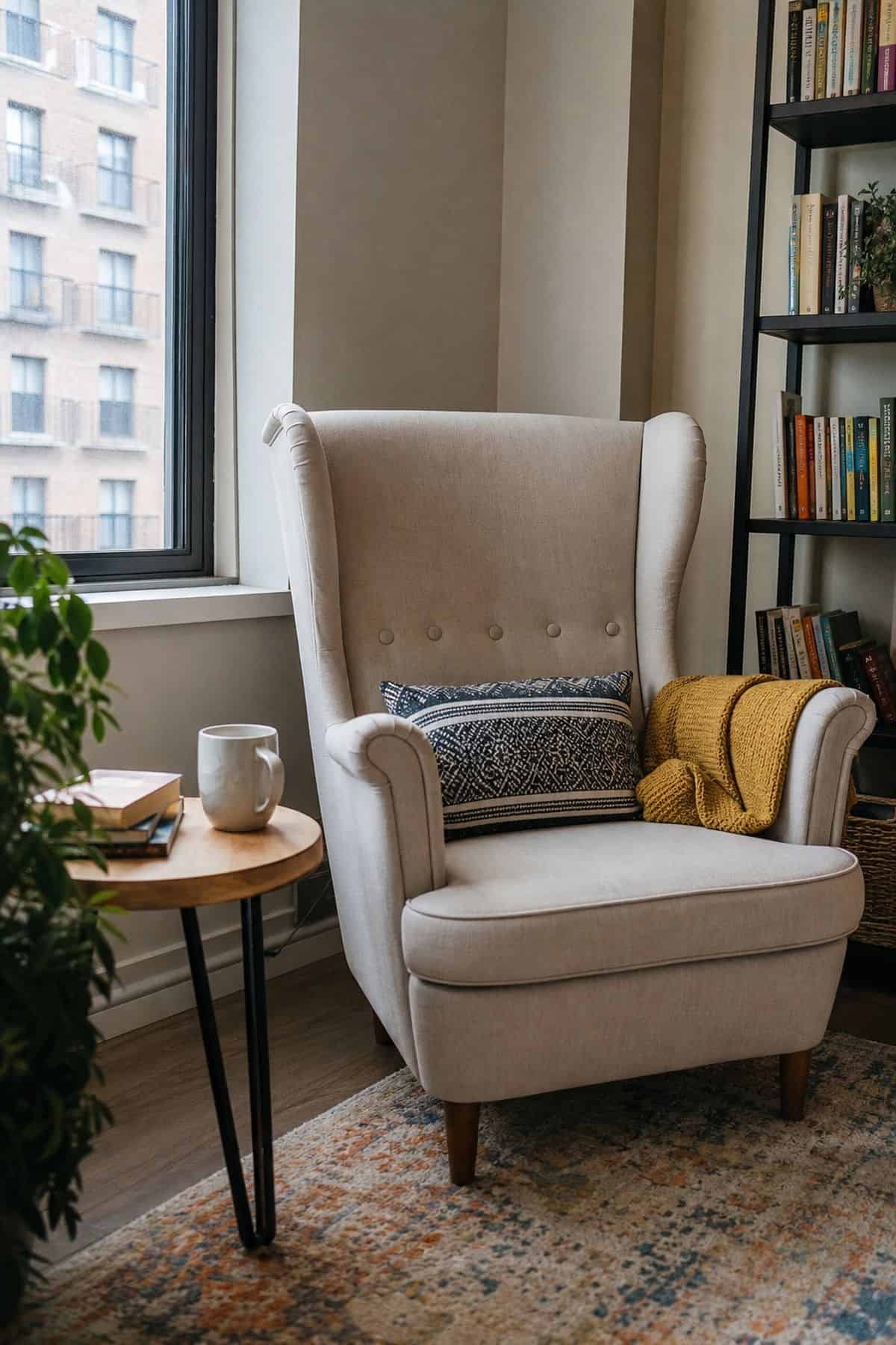 High-back wingback chair in a small apartment reading corner