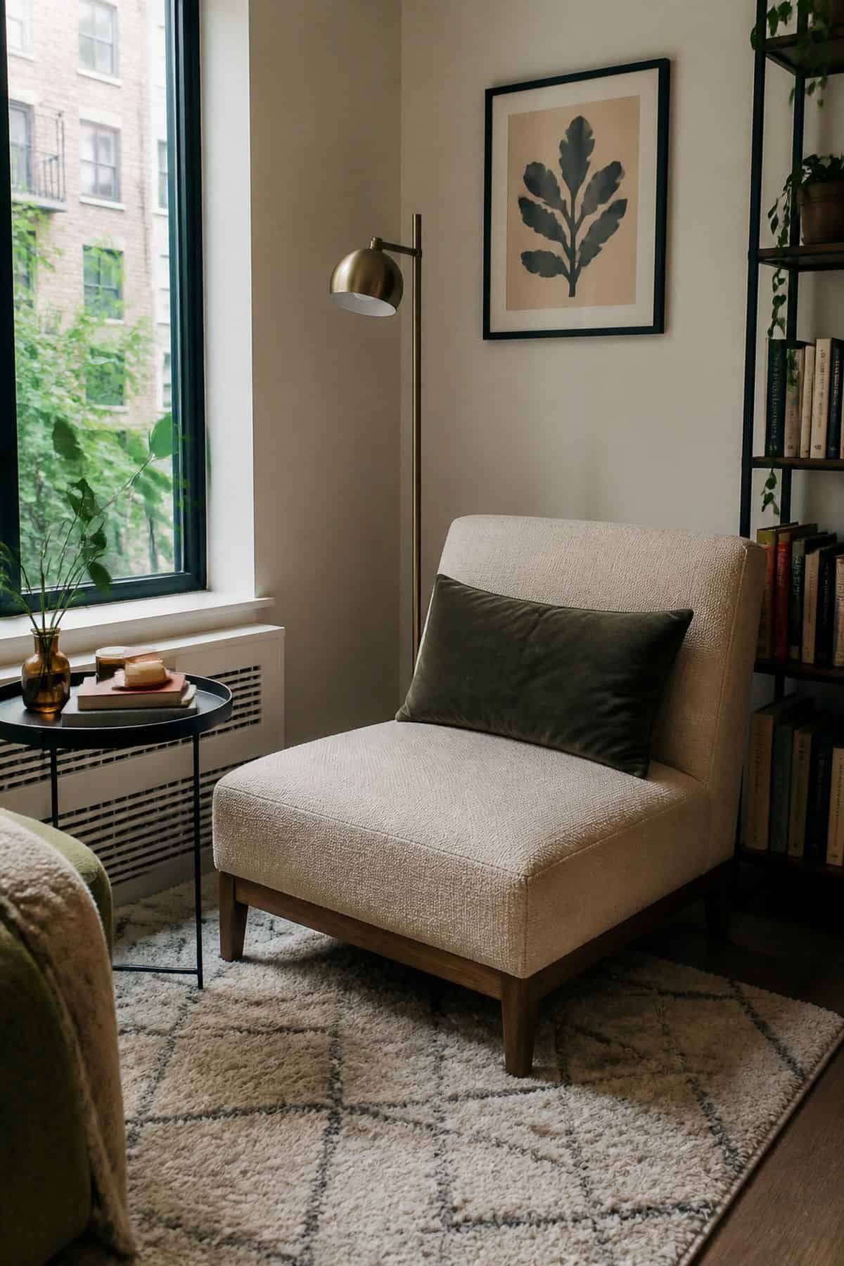 Slipper chair in a small apartment reading corner