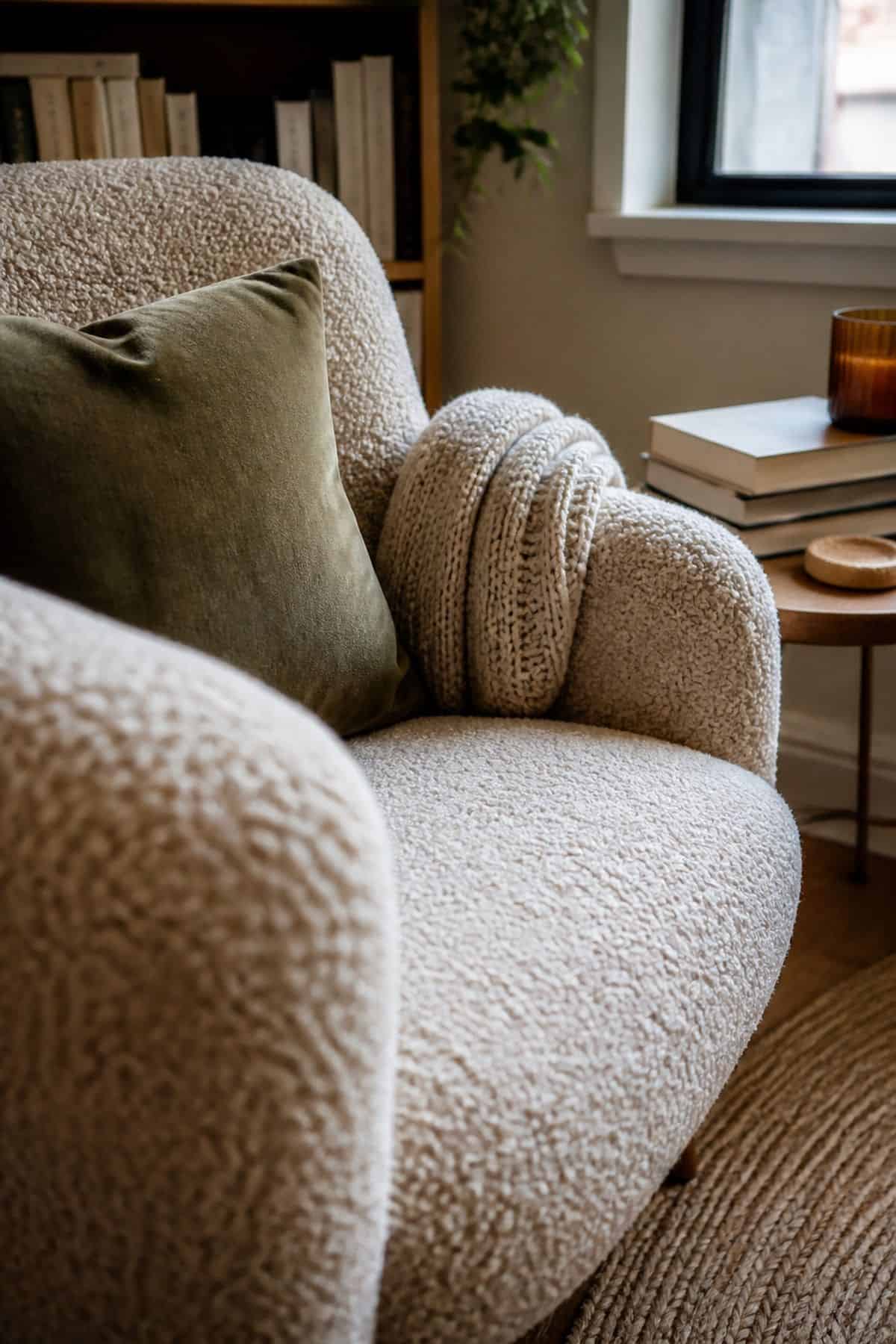 Velvet boucle chair texture in a small apartment reading corner