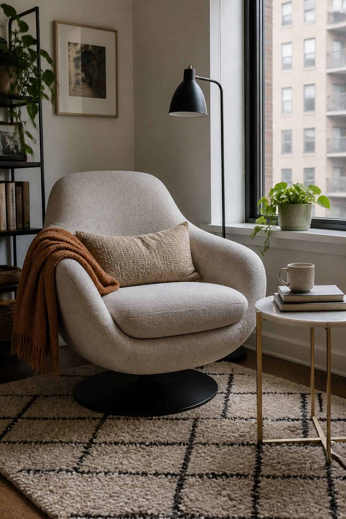 Swivel chair in a small apartment reading corner