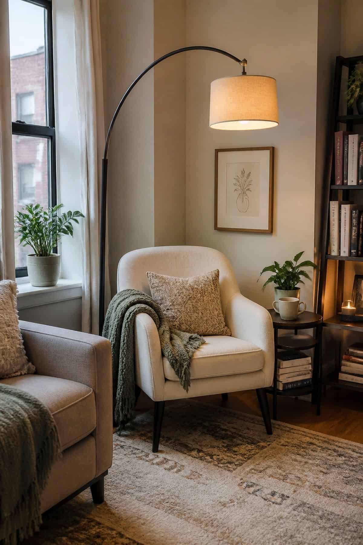 Arc floor lamp over a small apartment reading corner