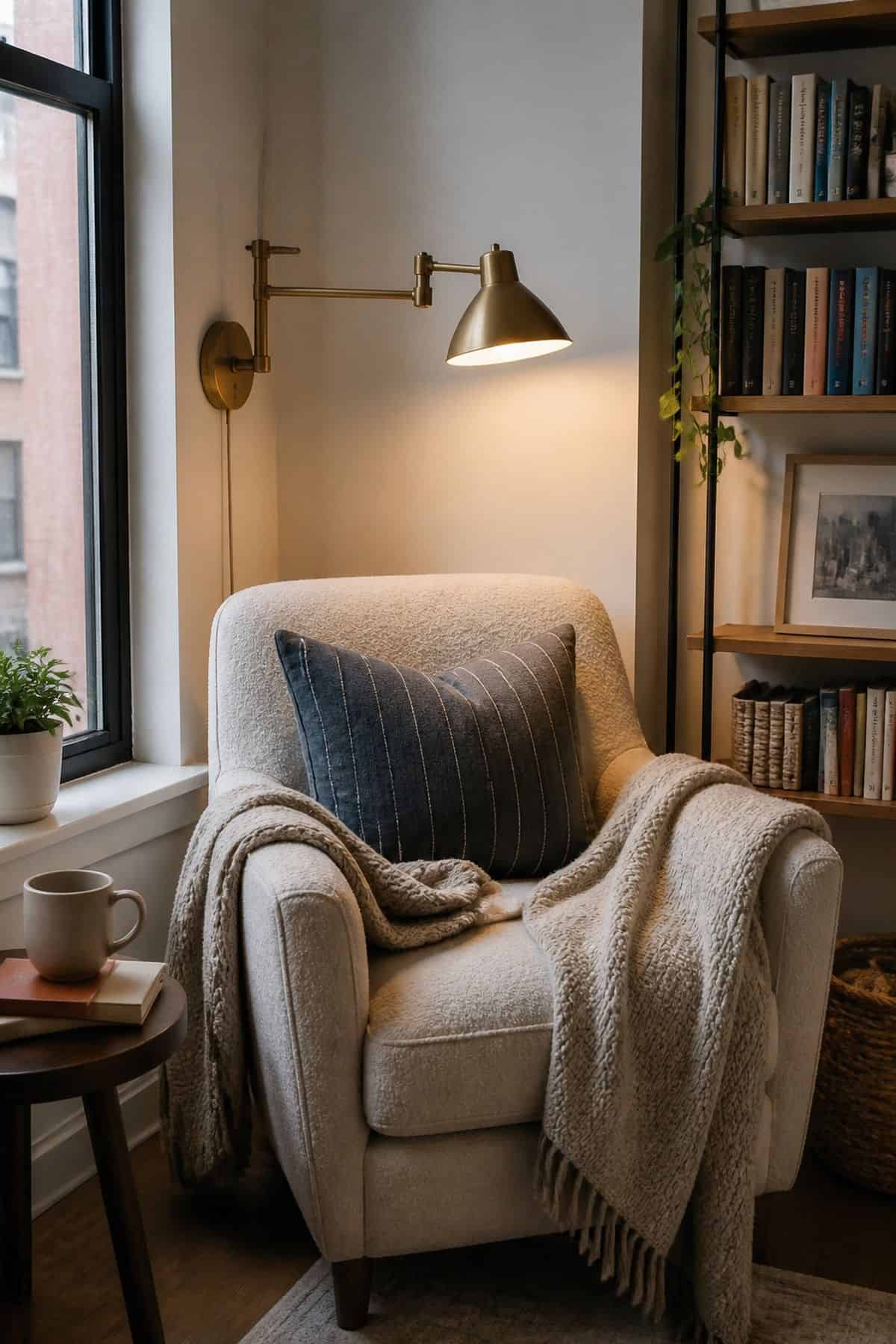 Swing arm wall sconce beside a small apartment reading corner
