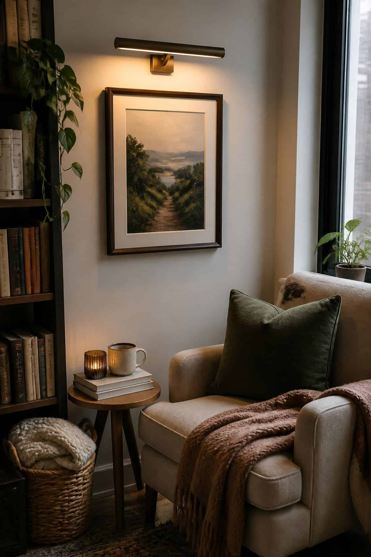 Picture light above framed art in a small apartment reading corner