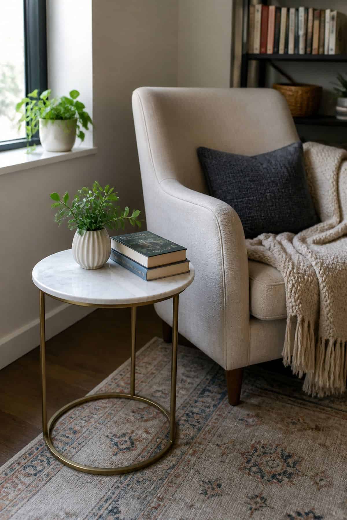 Small marble side table in a cozy apartment reading corner