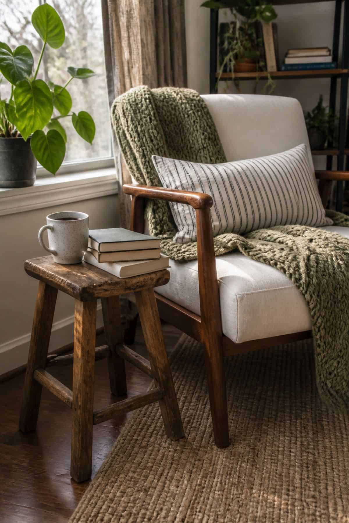Vintage stool side table in a small apartment reading corner