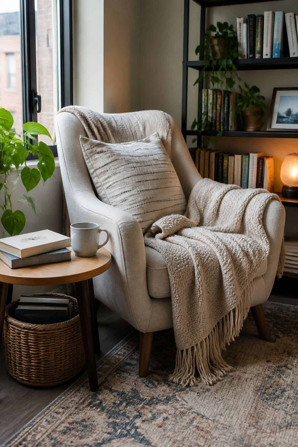 Throw blanket styled on a reading chair in a small apartment