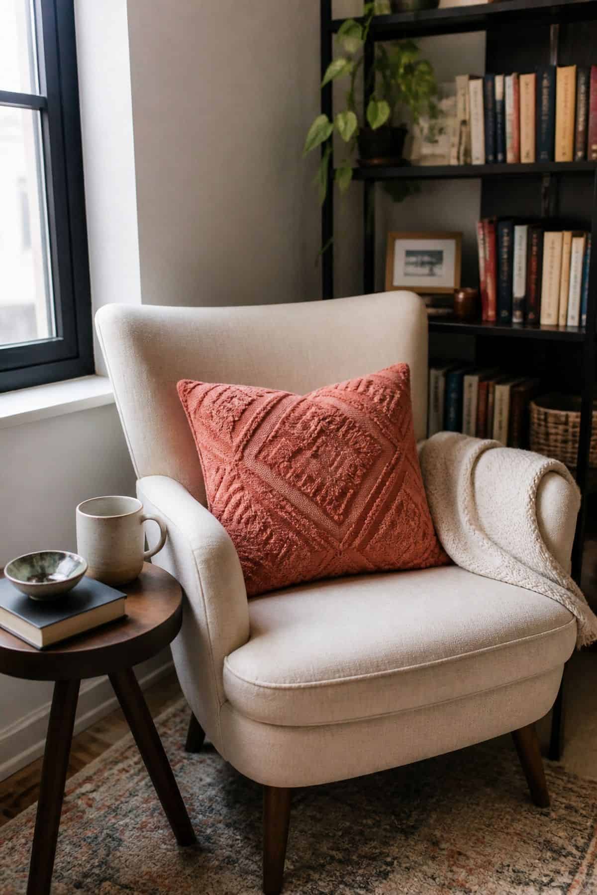 Accent pillow on a chair in a small apartment reading corner