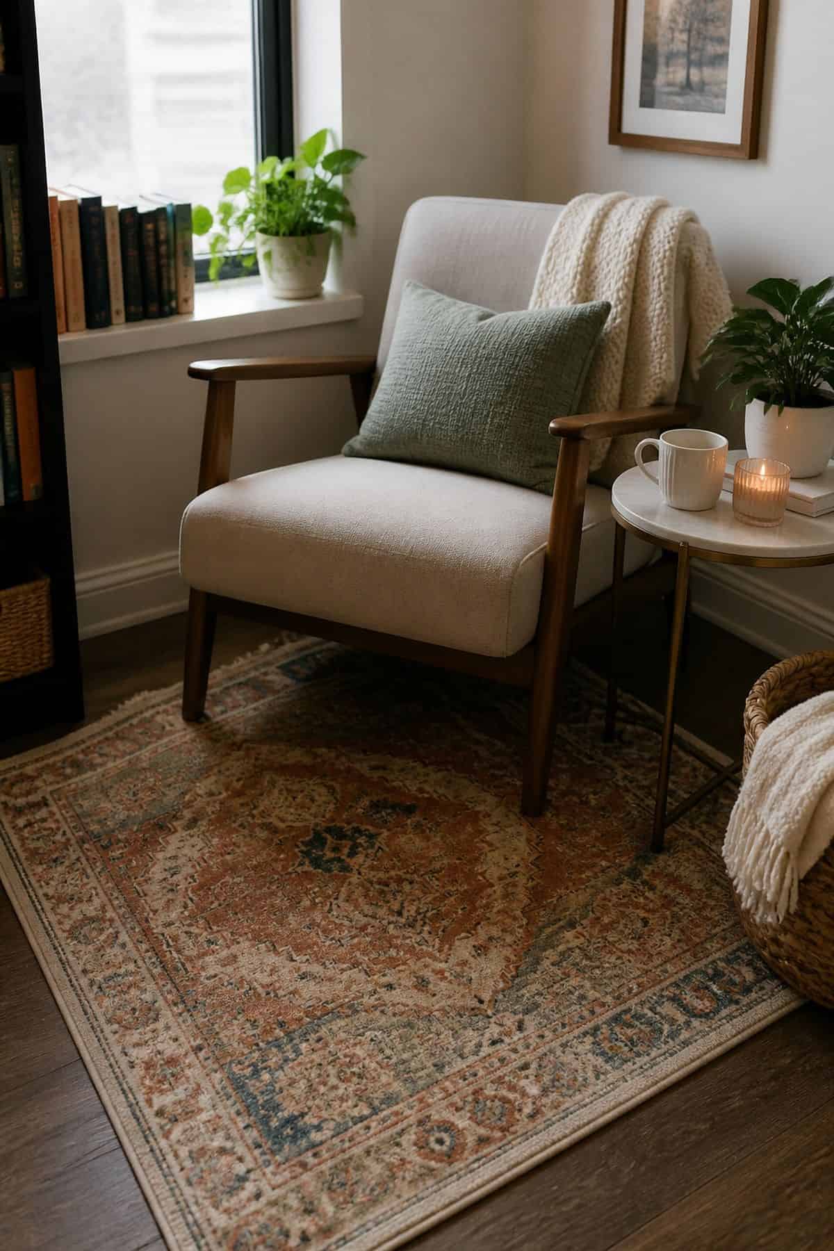 Small rug under a chair in a compact reading corner