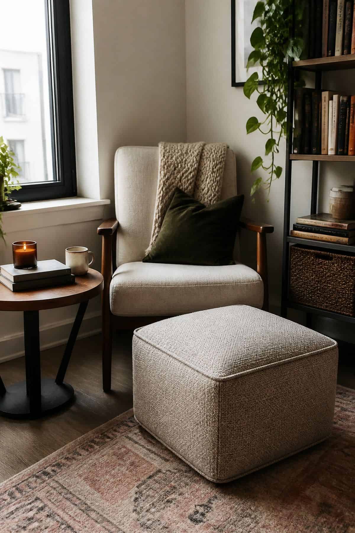Small ottoman in a cozy apartment reading corner