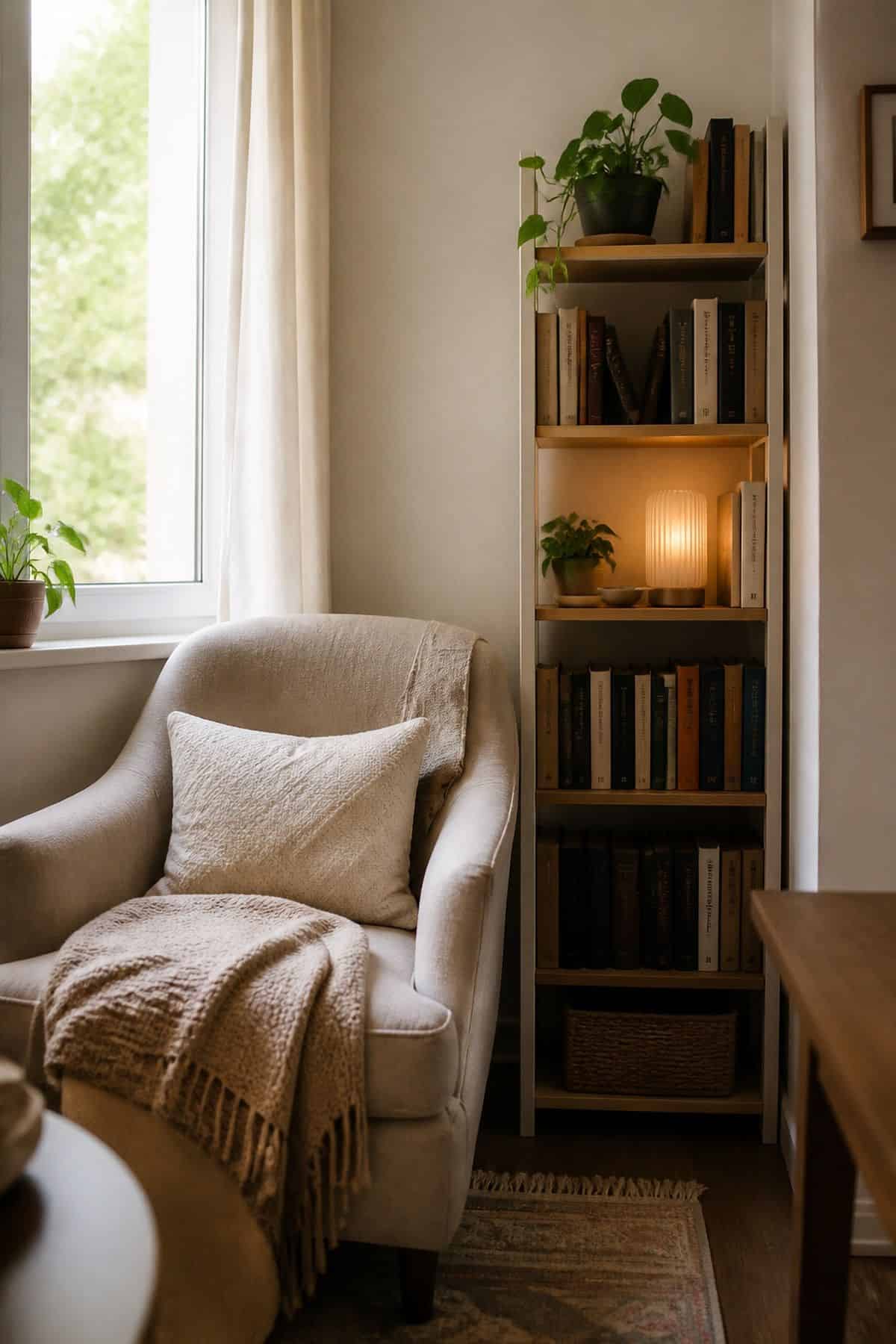 Small bookshelf beside an apartment reading corner