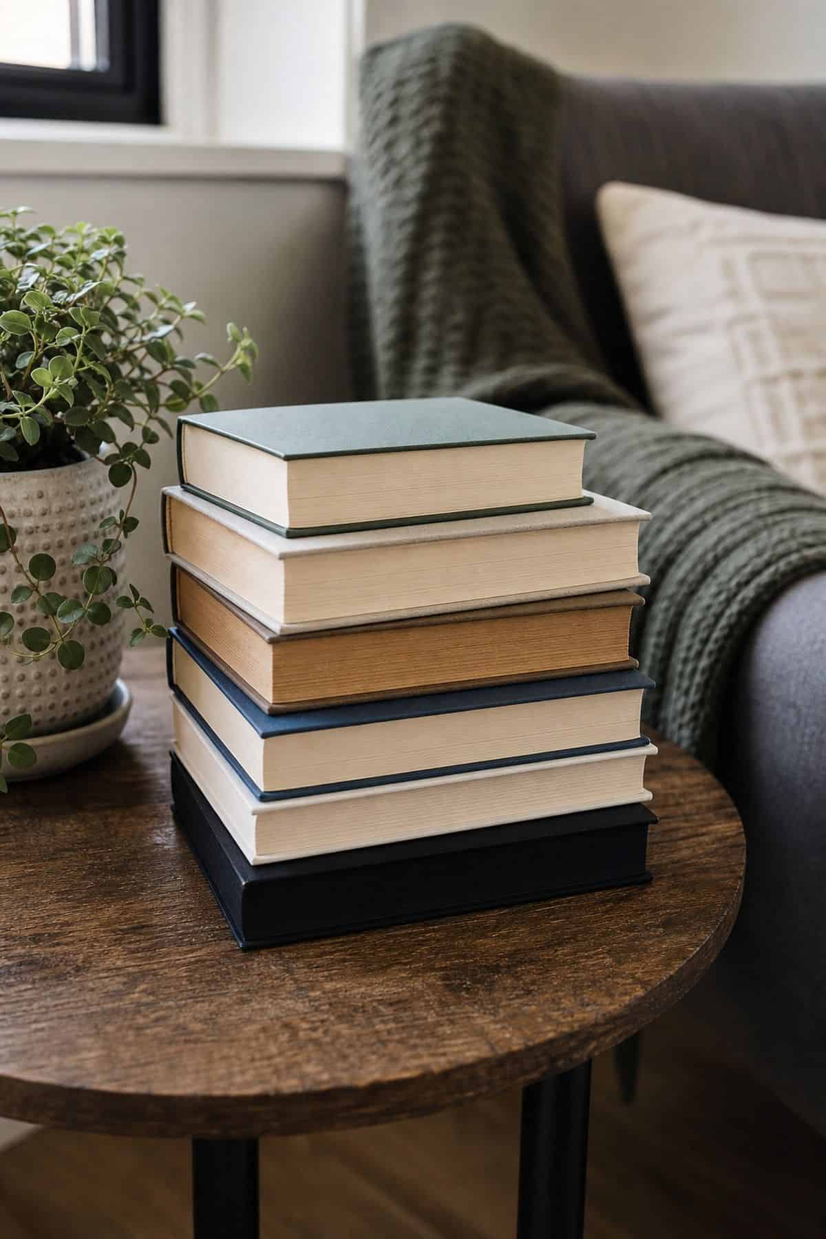 Stack of books on a side table in a reading corner