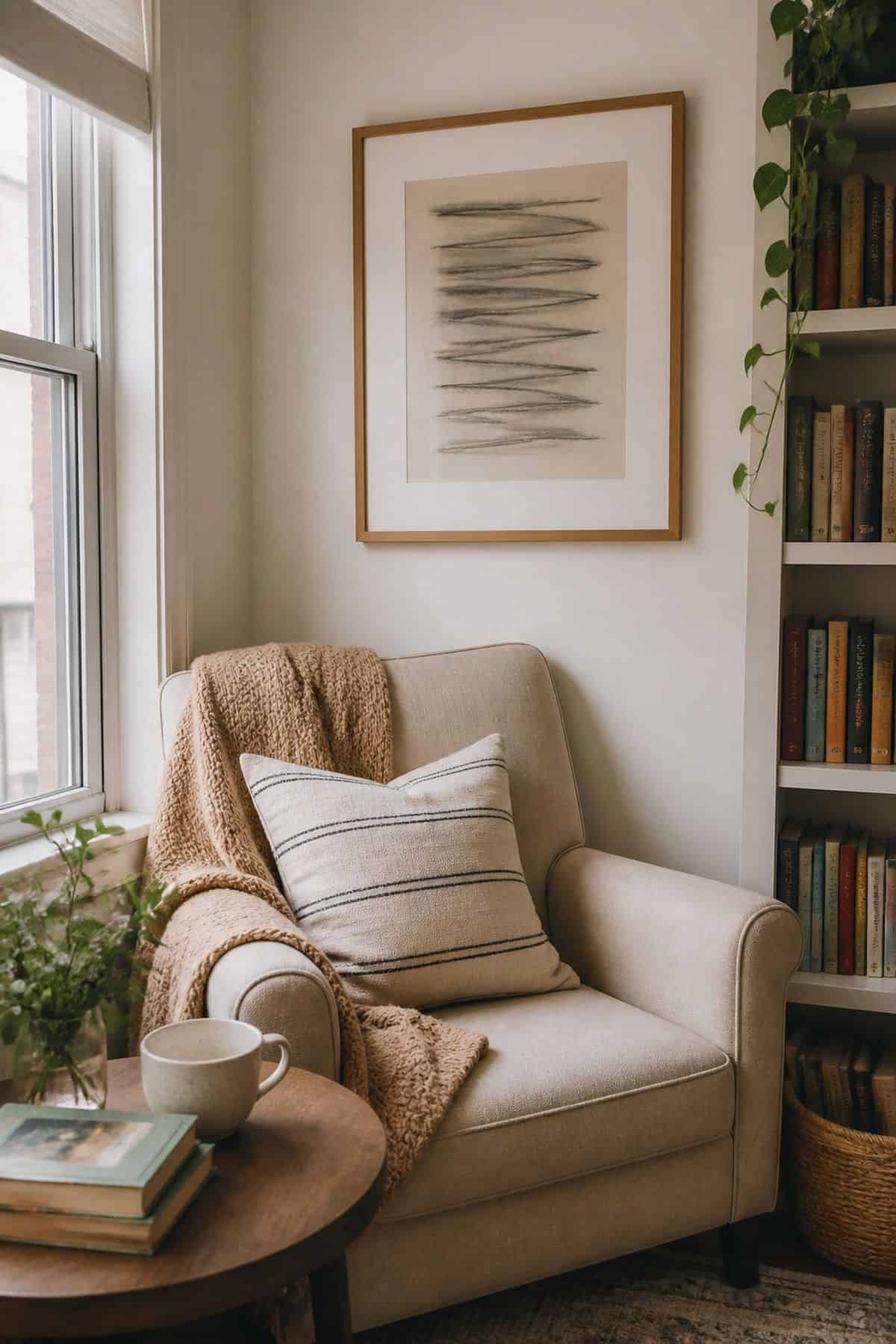 Framed quote art above a cozy apartment reading corner