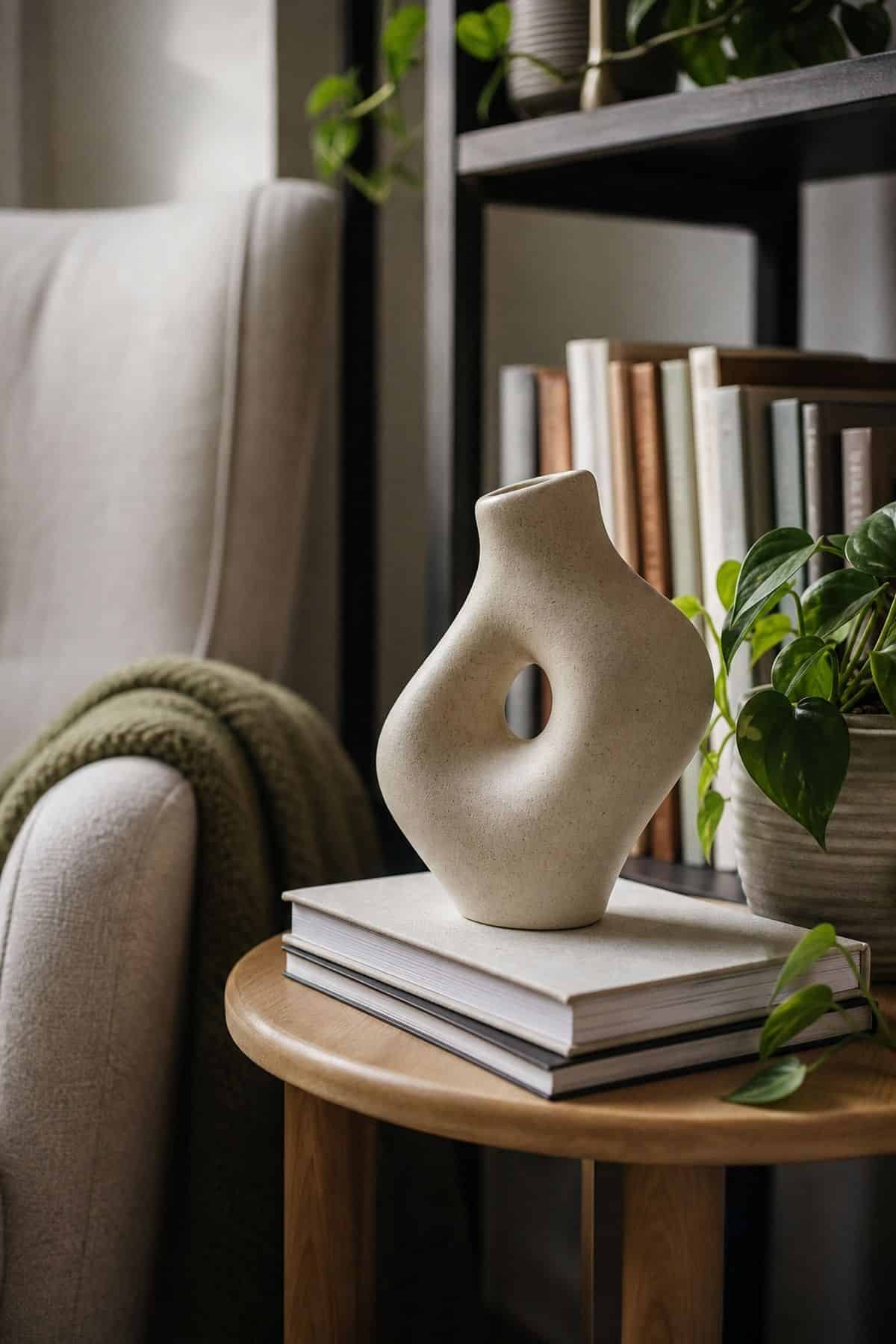 Sculptural object on a side table in a reading corner