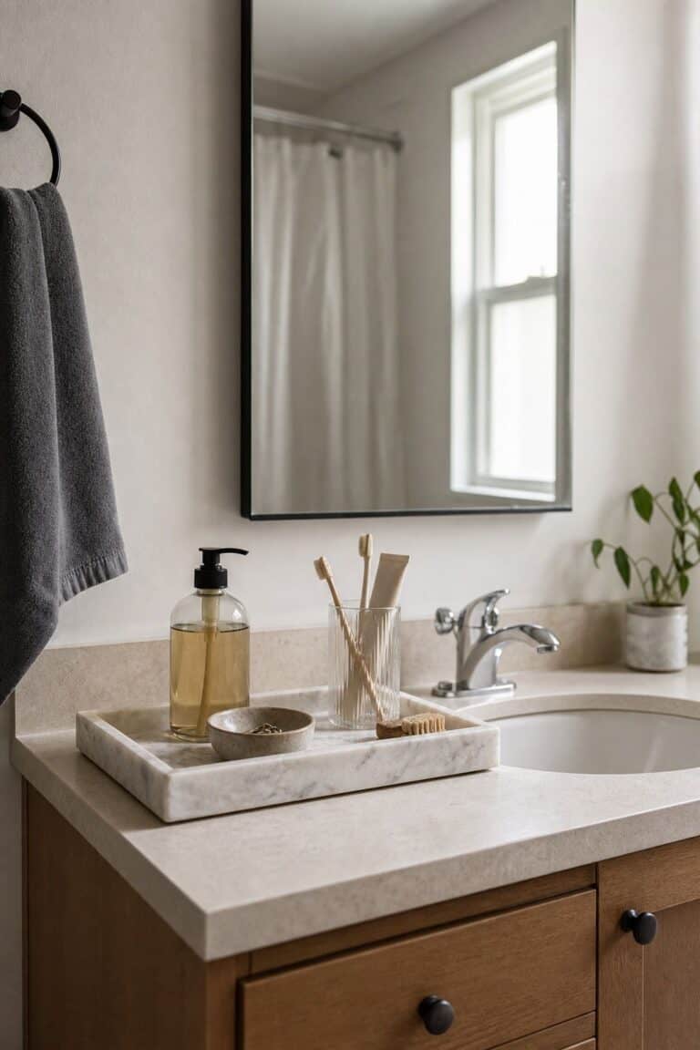 marble or stone tray styled on a small apartment bathroom counter