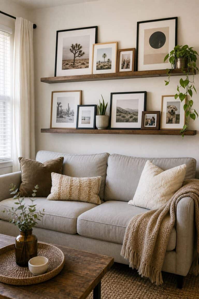 Shelves above couch decor idea 1 in a small apartment living room