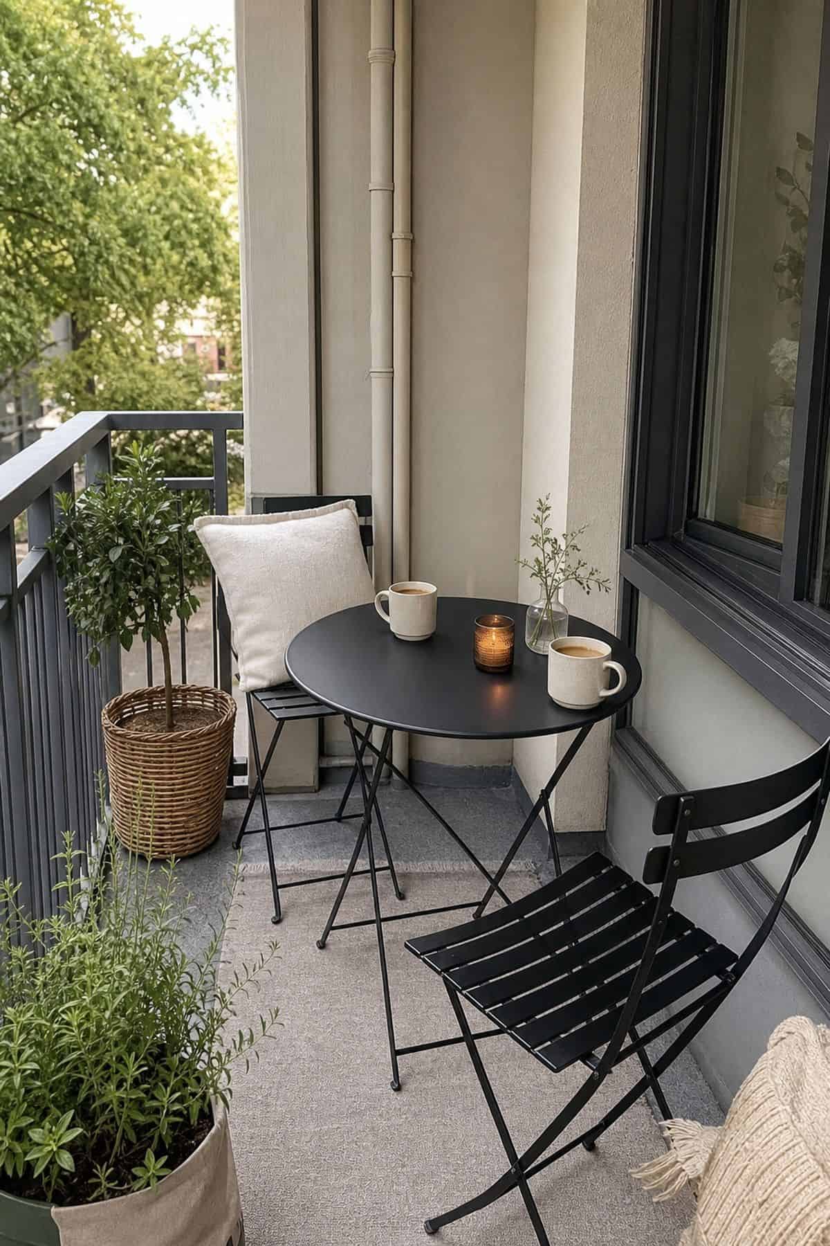 Small outdoor patio idea with use compact bistro sets for dining and conversation