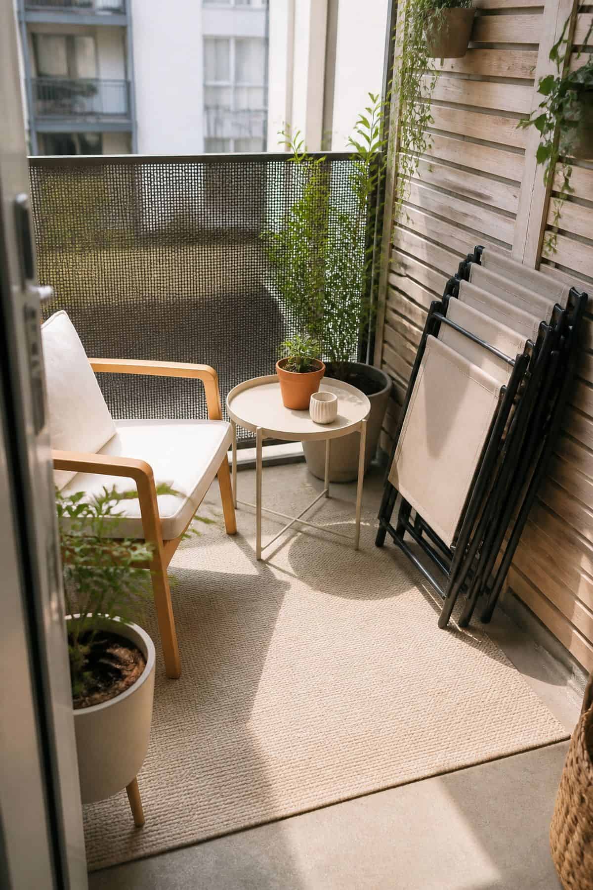 Small outdoor patio idea with incorporate foldable or stackable chairs for space-saving