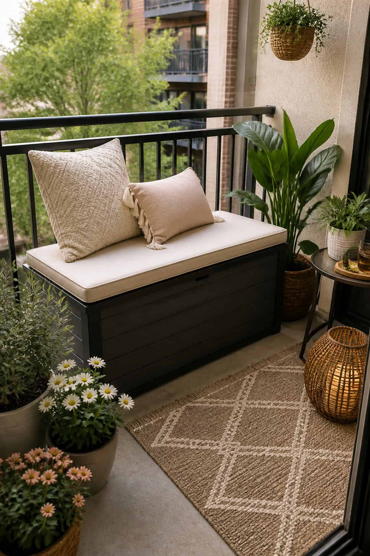 Small outdoor patio idea with use multi-functional furniture like storage benches