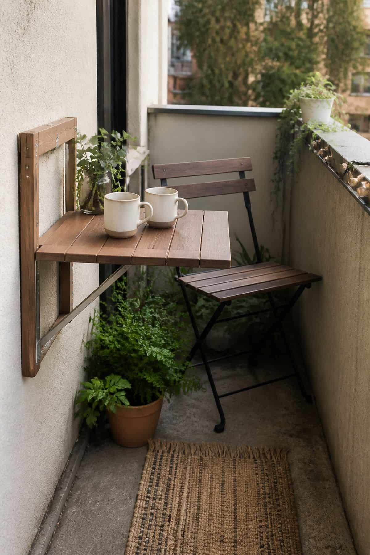 Small outdoor patio idea with incorporate fold-down tables or wall-mounted surfaces