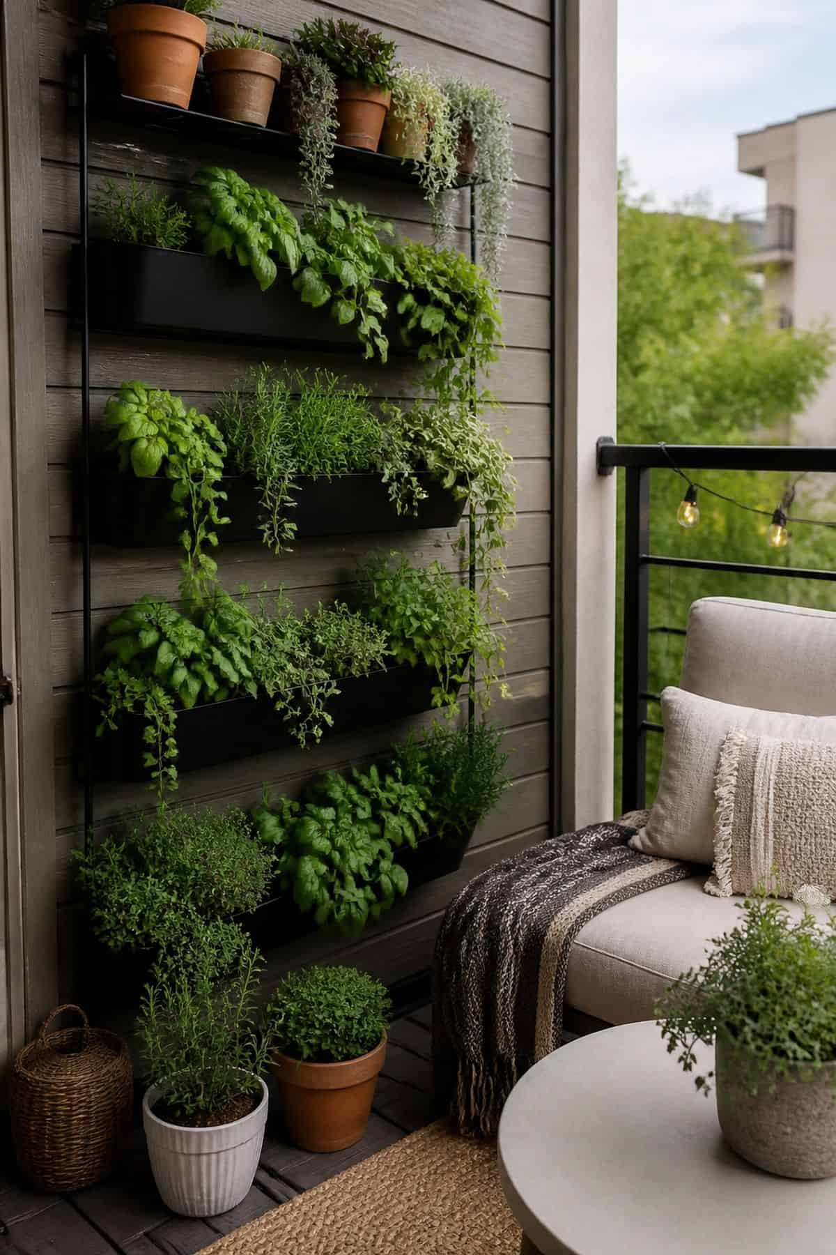 Small outdoor patio idea with add vertical planters or wall-mounted gardens