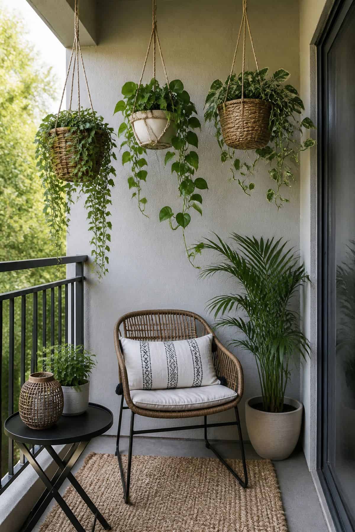 Small outdoor patio idea with add hanging plants or baskets to free up floor space